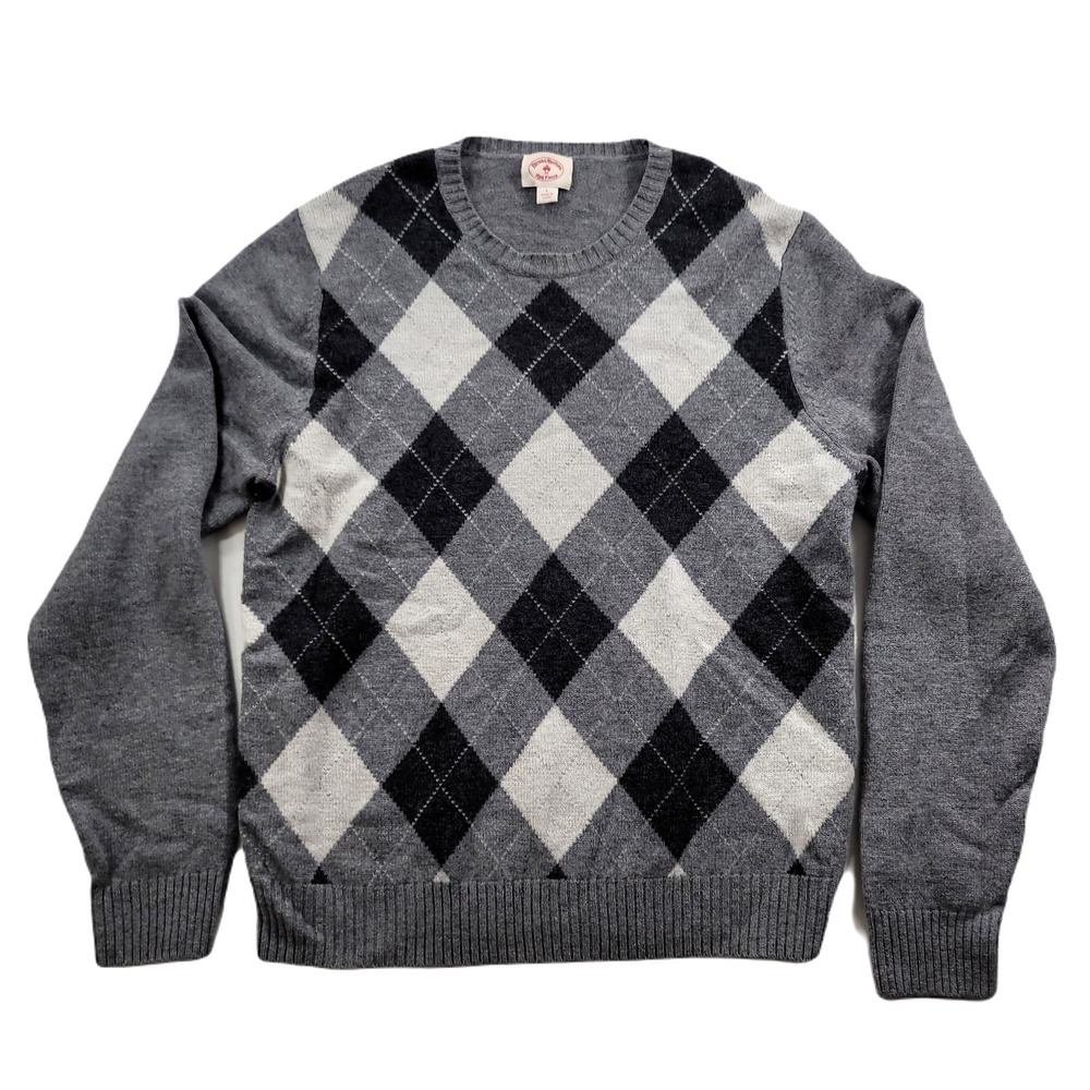 Brooks Brothers Argyle Sweater Mens Large Grey Lambswool Red Fleece